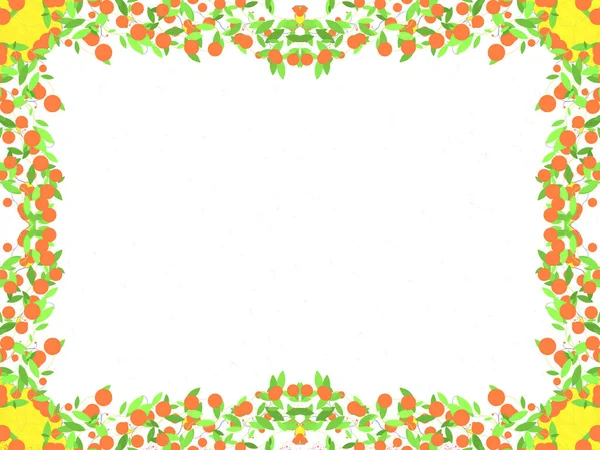 Beyaz bir arka planda, sarı köşeli, yeşil çalılar şeklinde bir çerçeve şekli, turuncu meyveli, boş bir alan.