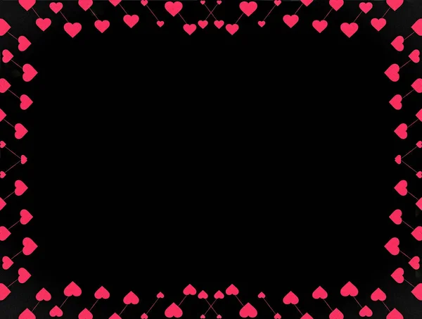 Siyah bir arkaplanda, kırmızı kalplerin çerçevesi çerçevelenir. Boş bir alan vardır..