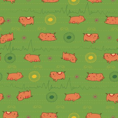 Red piggies. Green background. Seamless pattern clipart