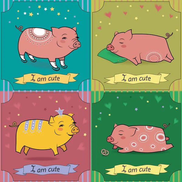 Set of cartoon pigs. Vintage greeting cards — Stock Vector