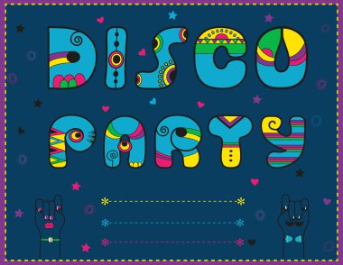 Disko parti. Parti için davetiye. Komik mavi yazı tipi