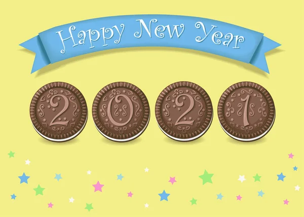 2021年新年快乐 艺术风格的褐色数字就像带有白色奶油的巧克力饼干 黄色背景的星星 蓝色横幅 病媒图解 — 图库矢量图片#