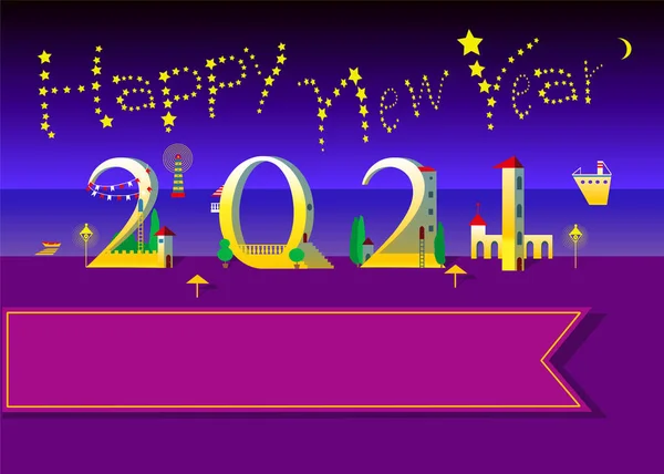 Yellow Text Happy New Year Stars Sky Number 2021 White — Stock Photo, Image