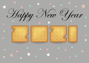 Happy New Year 2021. Artistic yellow number as cracker cookies. Gray background with colorful stars. Black text. Vector Illustration clipart