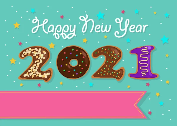 Happy New Year 2021 Colorful Number Sweet Donuts Cream Nuts — Stock Photo, Image