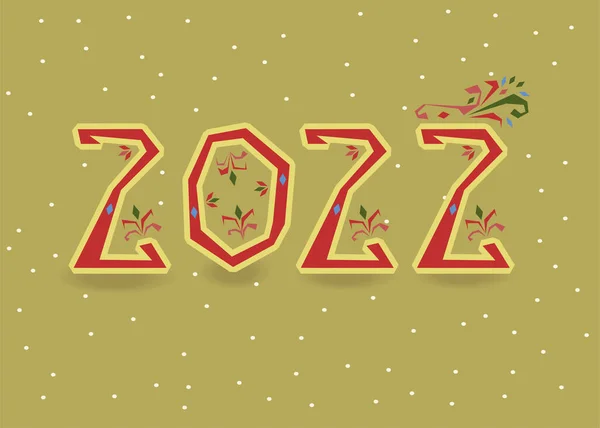 Neujahr 2022 Künstlerische Rote Zahl Mit Folkloristischem Blumendekor Gelber Hintergrund — Stockvektor