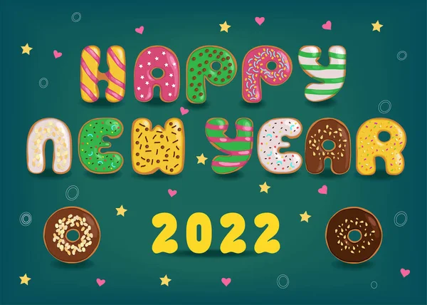 Καλή Χρονιά 2022 Πολύχρωμα Γράμματα Γλυκά Ντόνατς Κρέμα Και Ξηρούς — Διανυσματικό Αρχείο