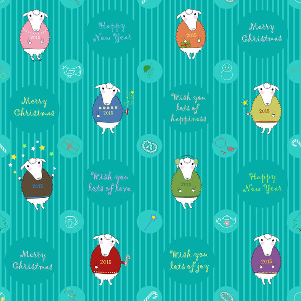 Векторный бесшовный шаблон. Рождественские белые овцы в цветном
 