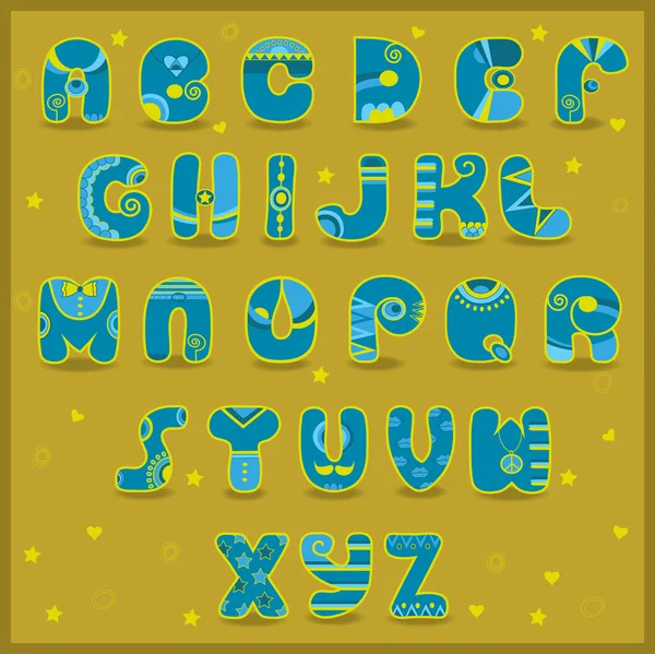 Fairy Alphabet. Funny blue and yellow letters — Stock Vector