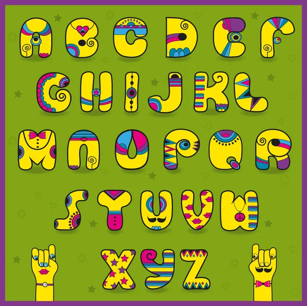 Dandy-Alphabet. lustige gelbe rosa Buchstaben — Stockvektor