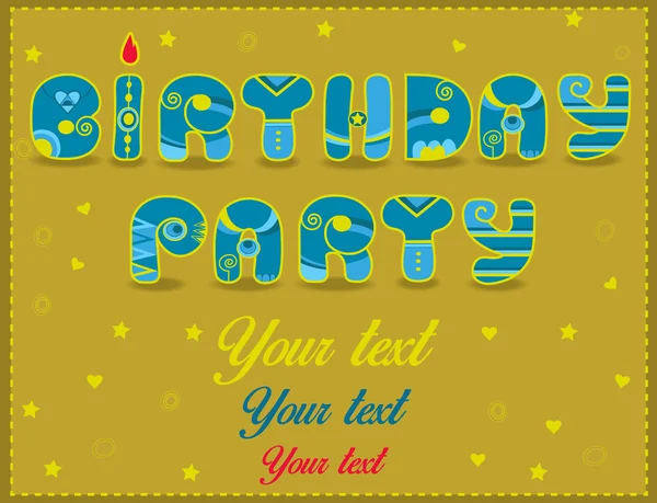Inscrição Festa de Aniversário. Cartas azuis e amarelas engraçadas — Vetor de Stock