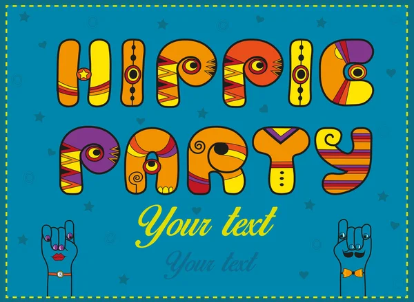 Inscription Hippie Party. Lettres orange drôle avec des parties lumineuses — Image vectorielle