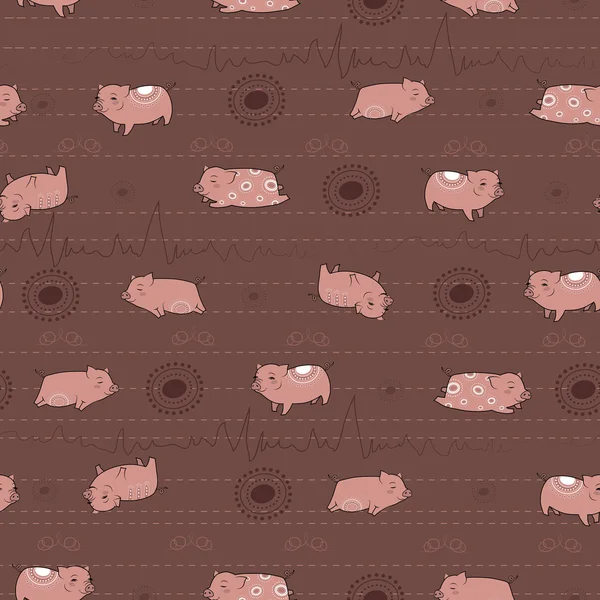 Happy pink piggies with white patterns and brown background — Stok Vektör