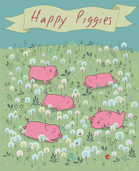 Happy Piggies on the blossoming field — Stock Vector