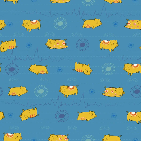 Yellow happy pigs with blue indian background — Διανυσματικό Αρχείο