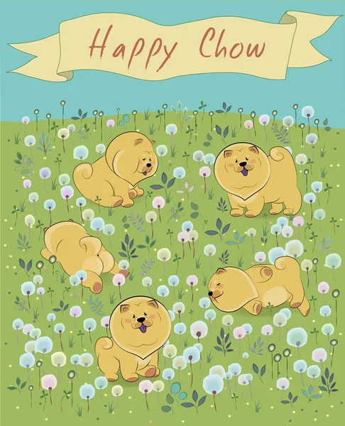 Happy puppies on the blossoming field — Stock Vector