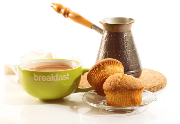 Breakfast: cocoa cup, cezve, biscuits — Stock Photo, Image