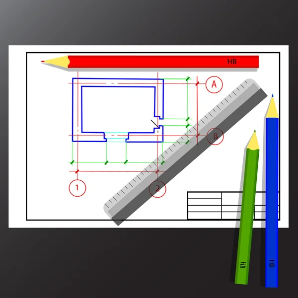 Buntstifte, Lineal, Zeichnung, Entwurf, Plan lizenzfreie Stockillustrationen