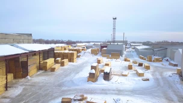 Produzione di materiali in legno. Consiglio. Un edificio con neve a terra. — Video Stock