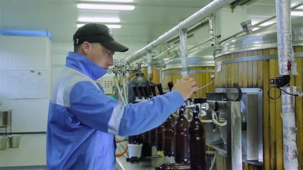 Derrame manual de cerveja em garrafas na cervejaria — Vídeo de Stock