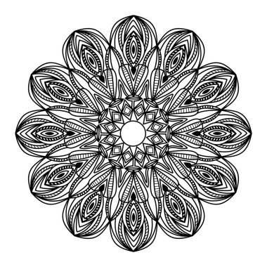 Mandala, Hint süslemelerinin soyut siyah ve beyaz desenli dekoratif arka plan tasarımının izole bir elementi.