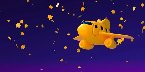 magic Holiday vacation travel concept: evening yellow star sky and toy airplane flying high - 3d render - Airport travel transportation