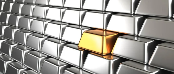 Gold bullion among silver. A lot of stacked silver ingots bars and one gold ingot brick in the Bank Vault as a background. Business, Financial, Bank Gold Reserves Concept. One not like other. different; NFT, non-fungible token