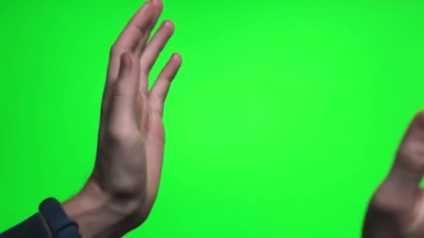 4K man man hand touchscreen gestures on green screen. — стоковое видео