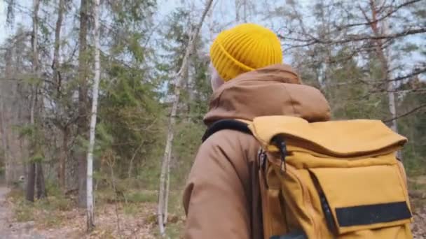 Rückenbild eines jungen Reisenden mit gelbem Rucksack, der im Wald spazieren geht. — Stockvideo