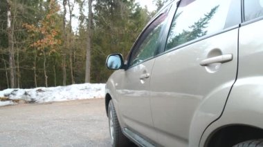 Genç ve mutlu erkek sürücü arabanın kapısını açar ve arabaya biner..