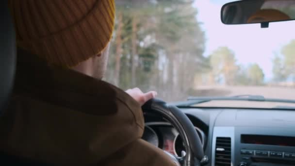 Visão traseira de jovem viajante do sexo masculino dirige um carro ao redor da floresta. Vista interior. — Vídeo de Stock