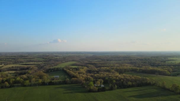 Aerial following view of a picturesque summer green landscape under the sun. — Stock Video