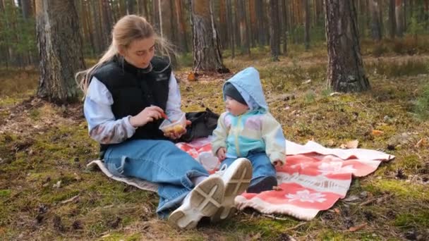 Mały chłopiec i jego mama na pikniku w wiosennym lesie sosnowym, siedzący przy ognisku na dywanie.. — Wideo stockowe