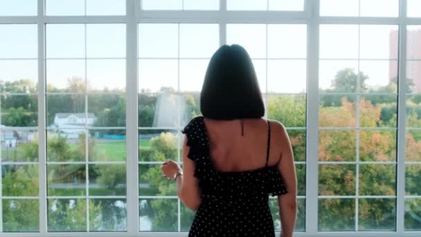 Ένα επιτυχημένο κορίτσι έρχεται στο πανοραμικό παράθυρο από το οποίο εκτείνεται μια όμορφη θέα της πόλης και του πάρκου. Πίσω πλαίσιο. — Αρχείο Βίντεο
