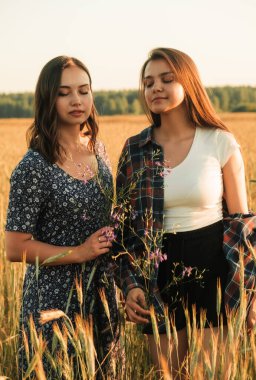 İki kız kardeş doğada yürüyor ve iletişim kuruyor. Gün batımında fotoğraf çekiyorlar..