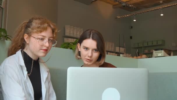 Jonge meisjes werken op afstand in een café op het zomerterras. Freelancers communiceren met collega 's via videolink. — Stockvideo