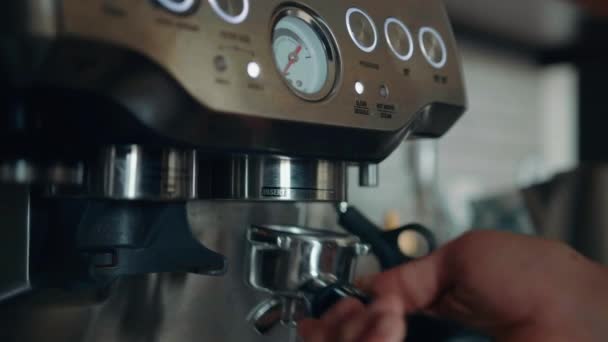 Footage B Roll of Pouring coffee stream from machine in cup. Home making hot Espresso. — Stock Video