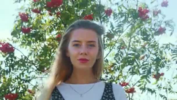 Młoda dziewczyna w pięknej sukience stoi blisko łabędzia. Zbiera jagody z drzewa. — Wideo stockowe