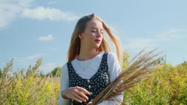 Młoda dziewczyna w pięknej sukience przechodzi przez pole z kolcami i pszenicą. — Wideo stockowe