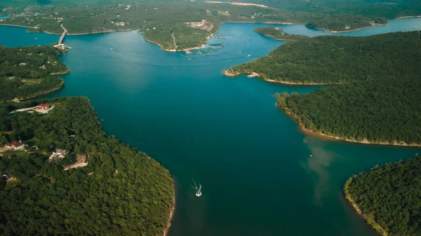 Top view of the river and its spills. The river is located near the forest