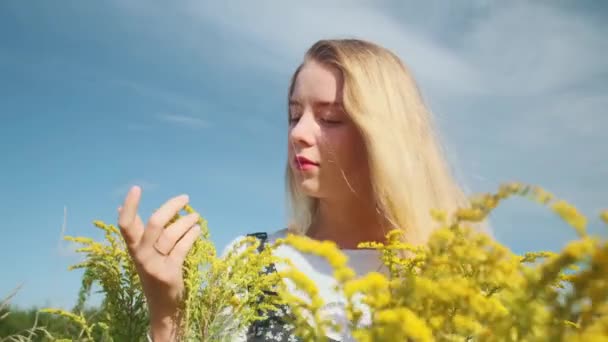 Una joven con un hermoso vestido sobre un fondo de flores silvestres amarillas. Un fuerte viento sopla tu cabello. — Vídeos de Stock