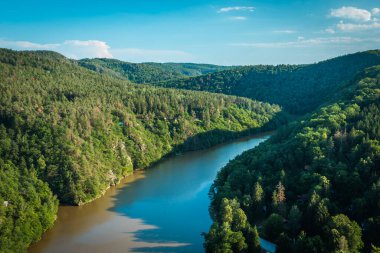 Yaz manzarası - Güney Bohem kırsal bölgesi. Vltava Nehri yaz sonlarında. Çek Cumhuriyeti.