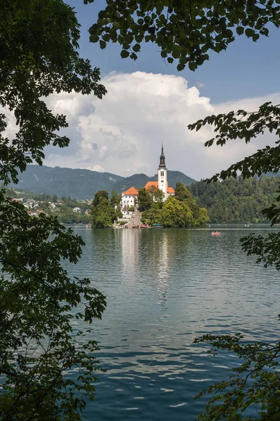Bled Island 'ın tarihi kilisesi Bled Gölü' ne yansıdı dağlarla çevrili Slovenya