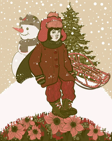 눈내리는 겨울에 귀여운 소녀가 미끄럼틀을 가는데 꽃들은 눈내리는 곳에서 기다리고 — 스톡 벡터