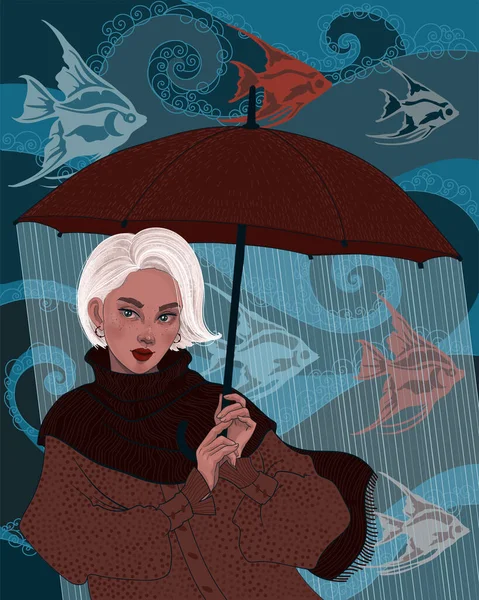 Mädchen Hält Das Meer Über Ihren Regenschirm — Stockvektor