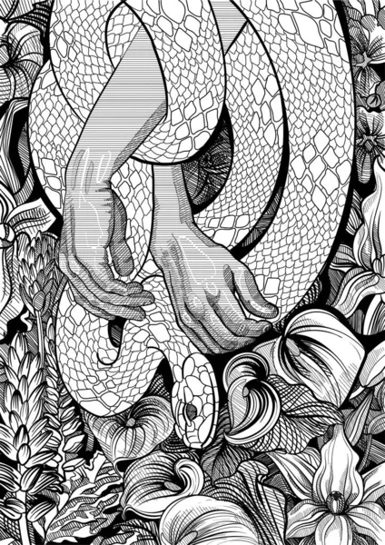 Imagen Gráfica Hermosas Manos Serpientes Flores Tropicales — Vector de stock