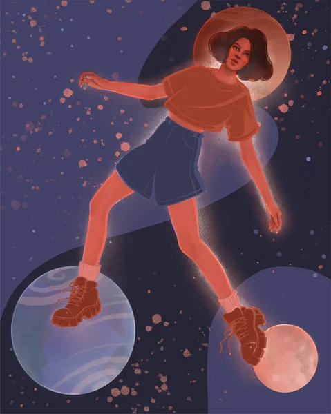 かわいい女の子は月と地球と火星の間の重力をゼロにして — ストック写真