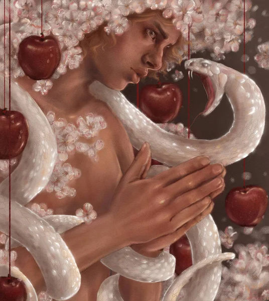 Hombre Flores Frutos Manzano Ora Mirando Serpiente Atacante Enfrentando Pecado — Foto de Stock