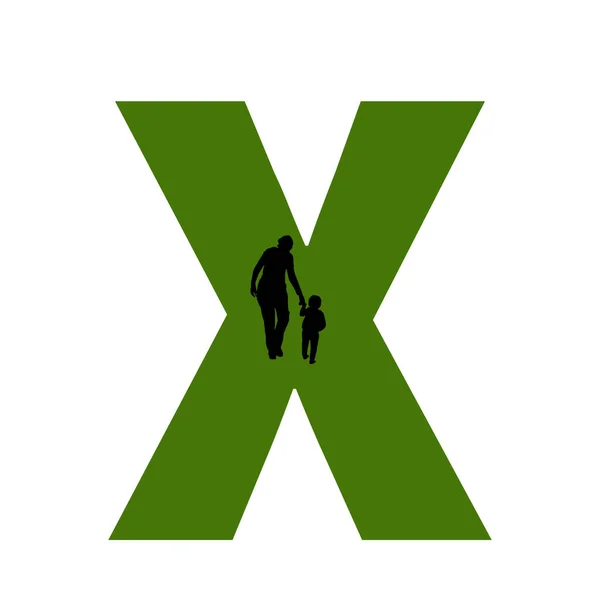 緑と黒で母と子の歩行のシルエットで作られたアルファベットの文字X — ストック写真