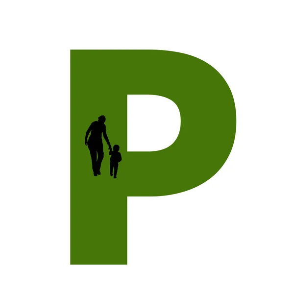 母と子の歩行のシルエットで作られたアルファベットの文字P 緑と黒 — ストック写真